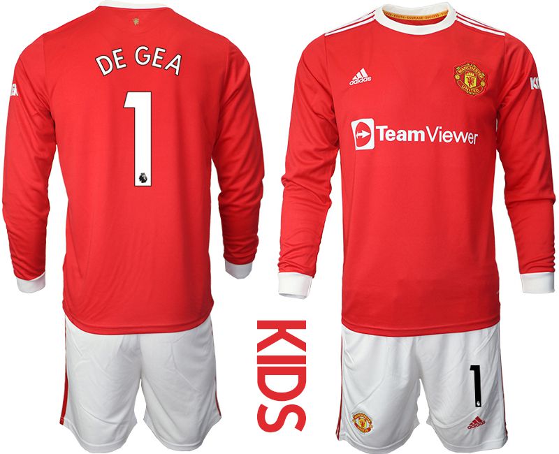 Youth 2021-2022 Club Manchester united home red Long Sleeve #1 Soccer Jersey